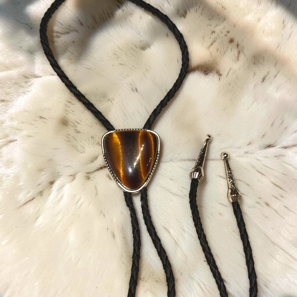 New Tiger's Eye Triangle Stone Braided Black Cord Bolo Tie Western Festival